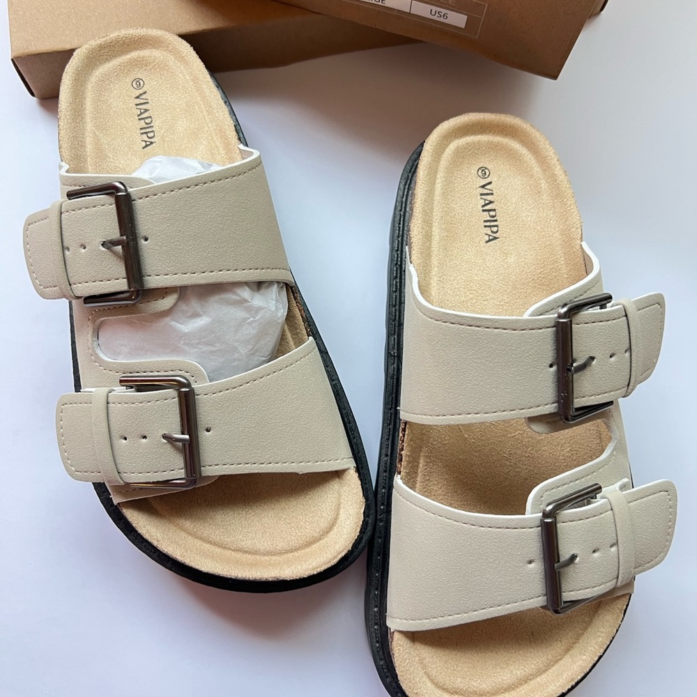 Women’s Beige Double-Buckle Platform Sandals - Picture 4 of 8